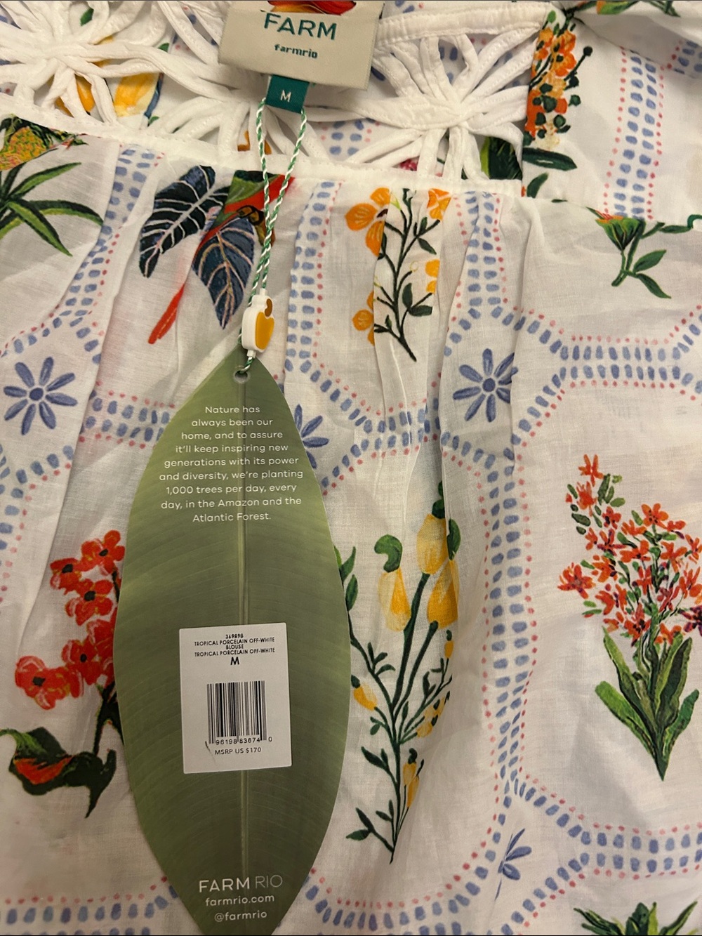 FARM Rio White Puff-Sleeve Botanical & Parrot Print Top - Picture 2 of 4